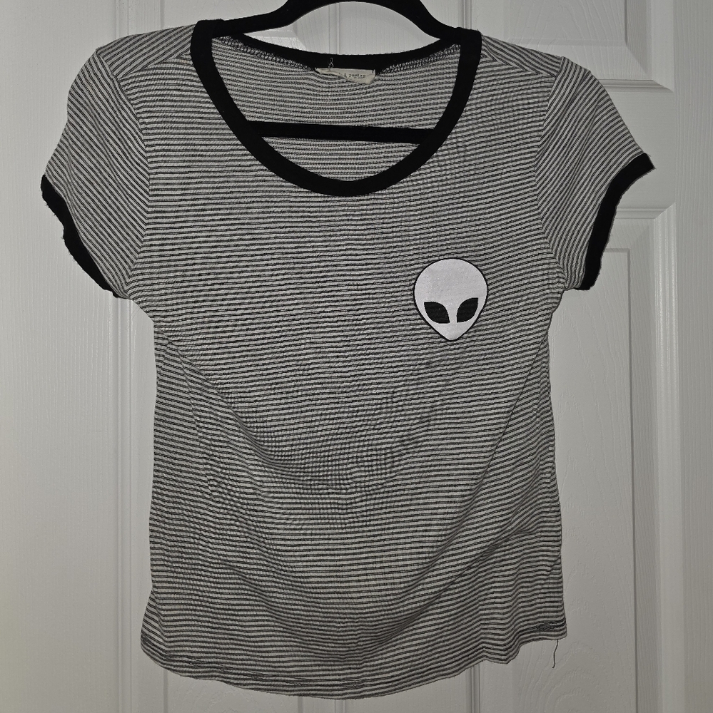 French Pastry Black and White Striped Tee with Alien Patch